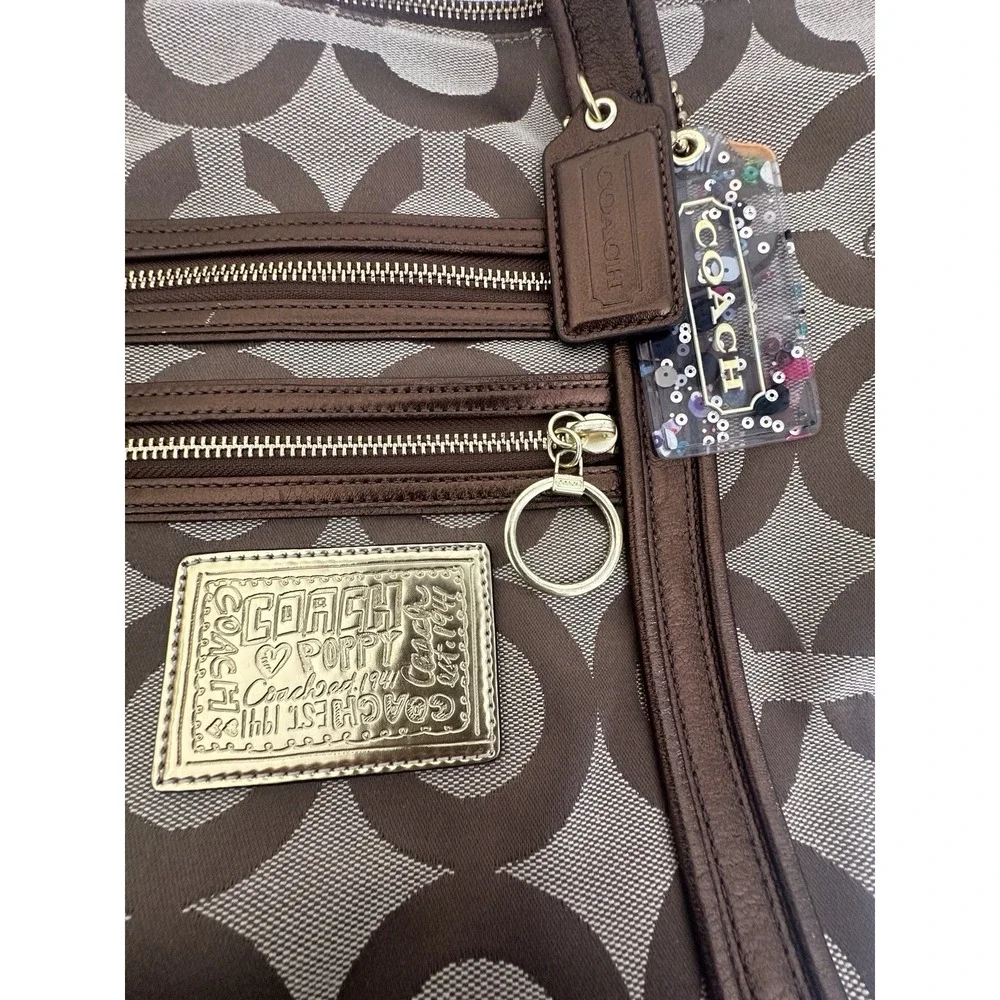 COACH 13826 Poppy Op Art Glam Brown Canvas Logo Bronze Shoulder Tote Bag Handbag